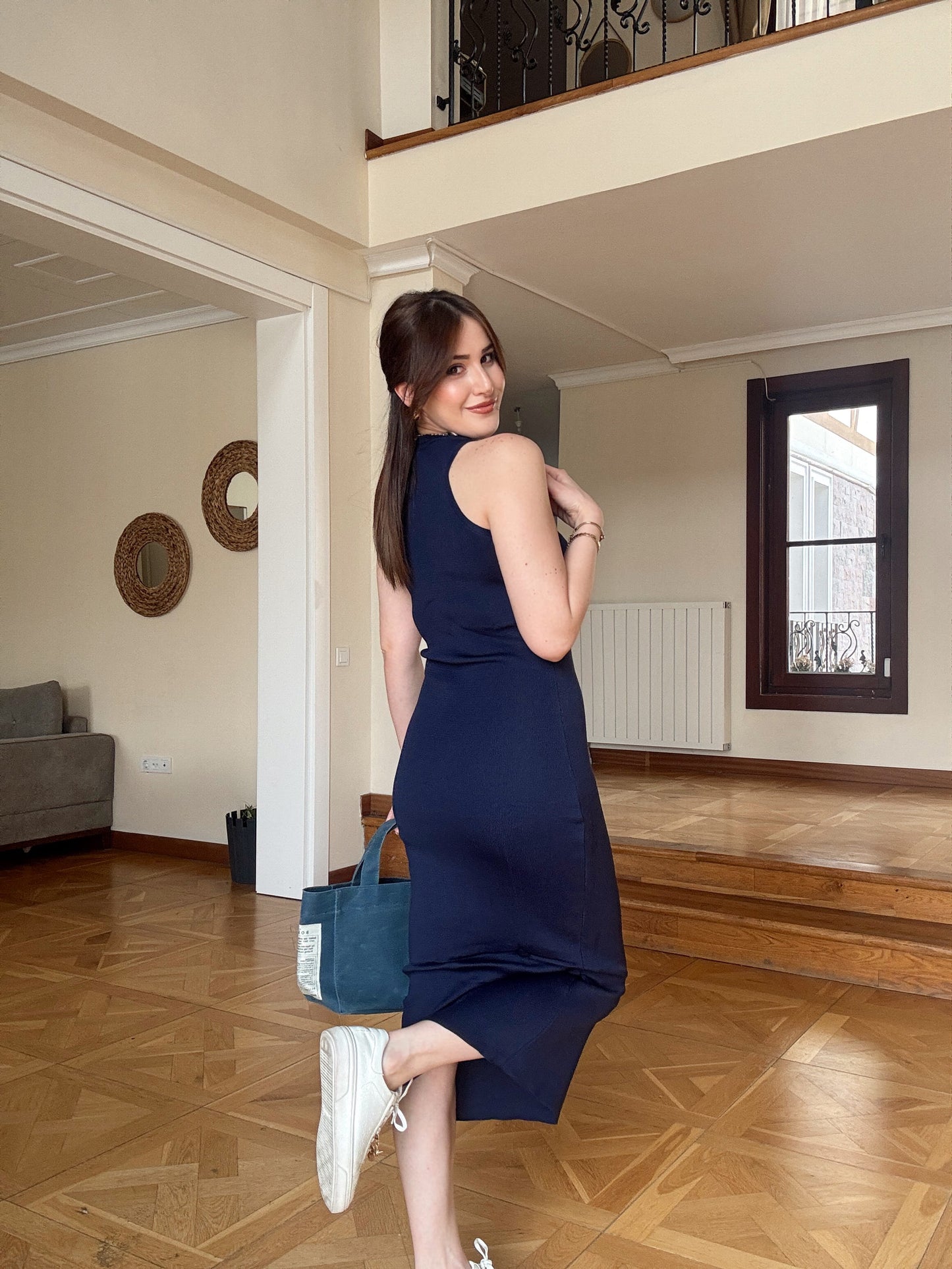 Kolsuz Triko elbise Lacivert