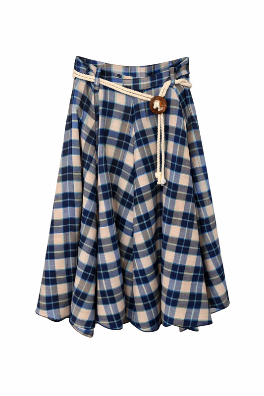 Kareli hasır kemer etek Mavi