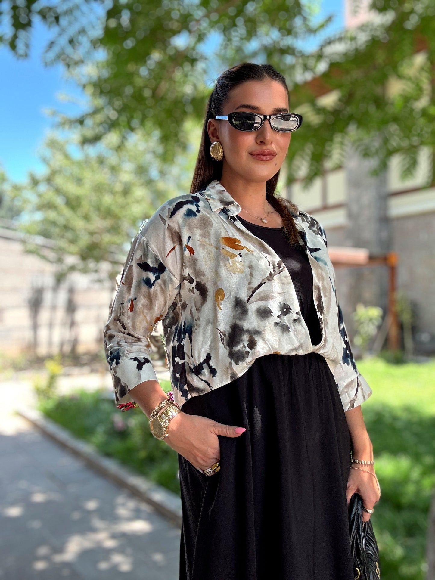 Batik desen gömlekli elbise Siyah