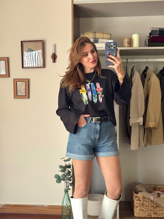 Çiçek desenli modal sweat Siyah