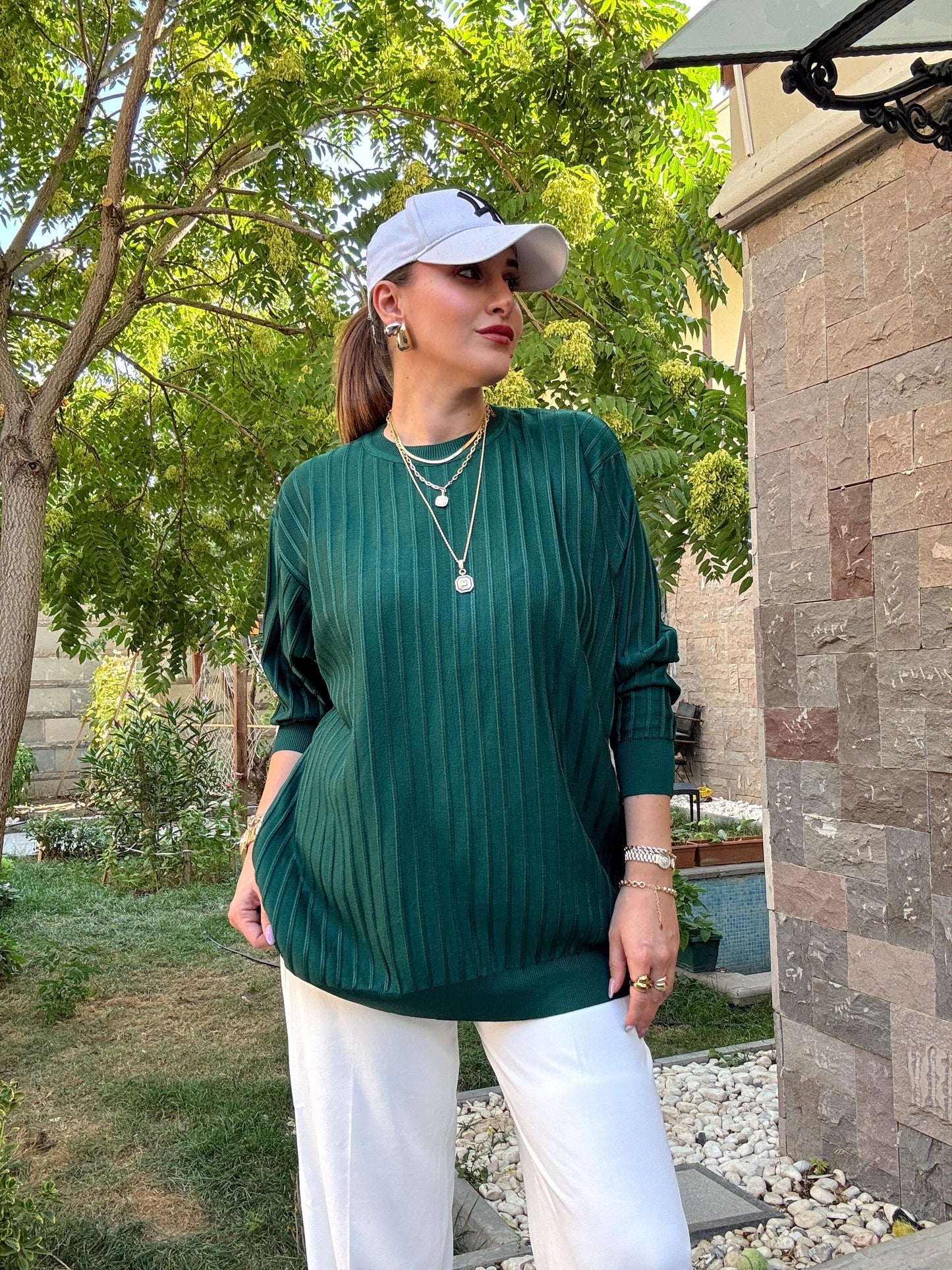 Şerit detaylı oversize premium kazak Zümrüt