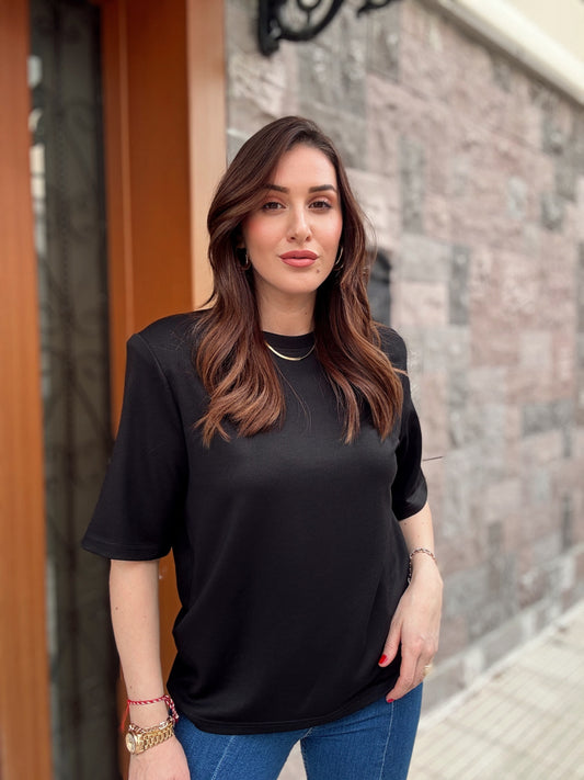 Vatkalı Pamuklu Basic Tişört SİYAH