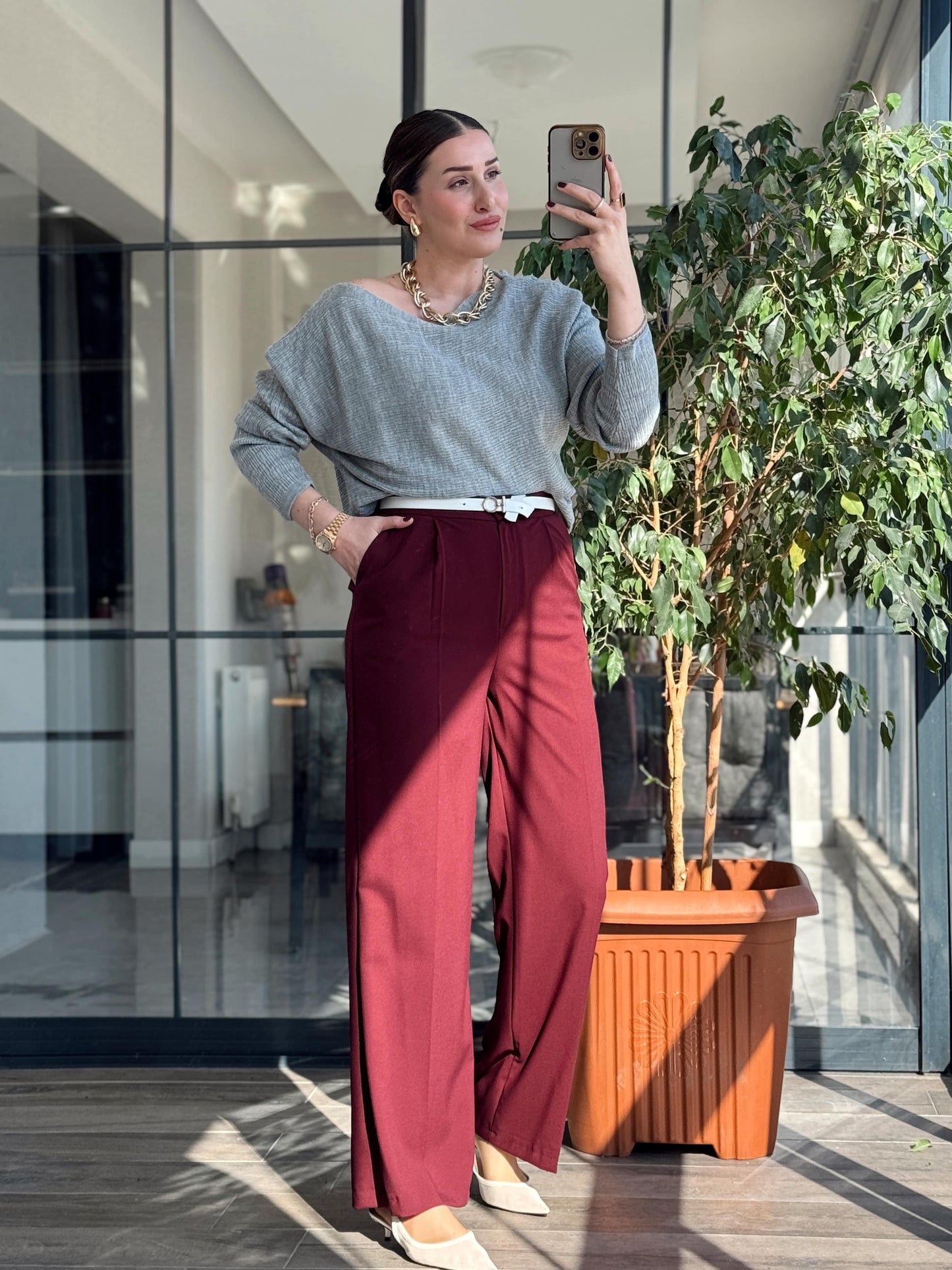 Toledo Beli Lastikli Bol Paça Pantolon - BORDO
