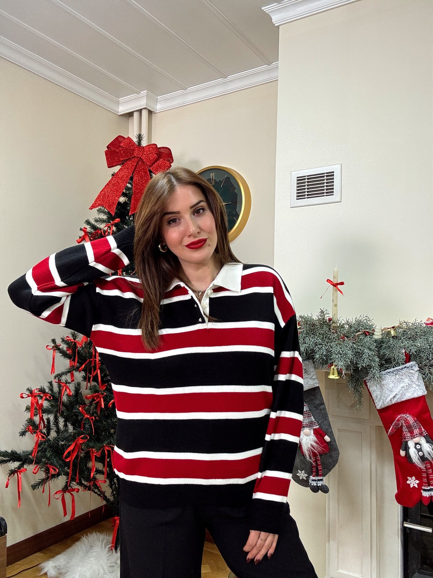 Düğmeli polo yaka triko kazak SİYAH-BORDO