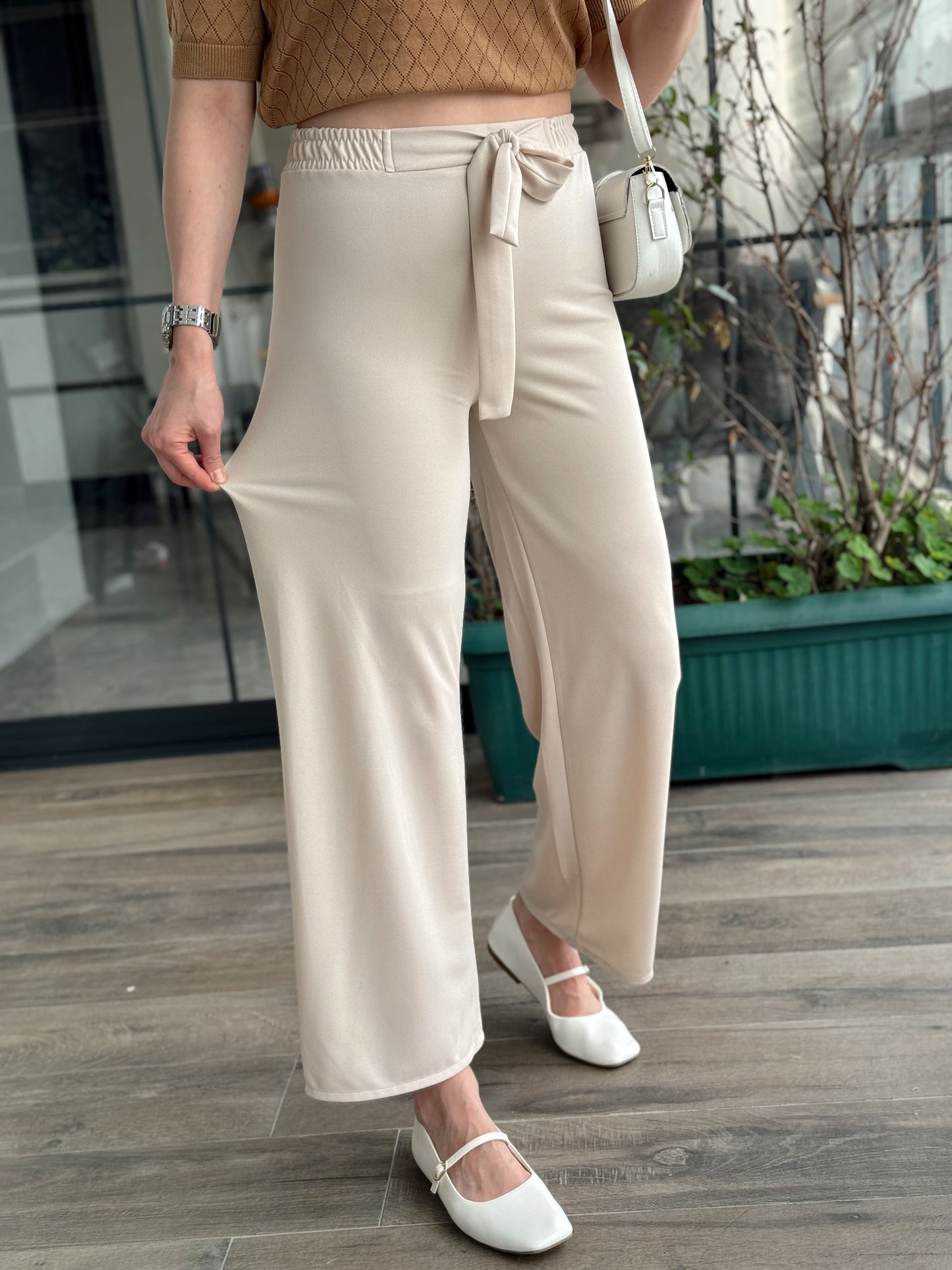Kuşaklı Crep Kumaş Palazzo Pantolon-BEJ
