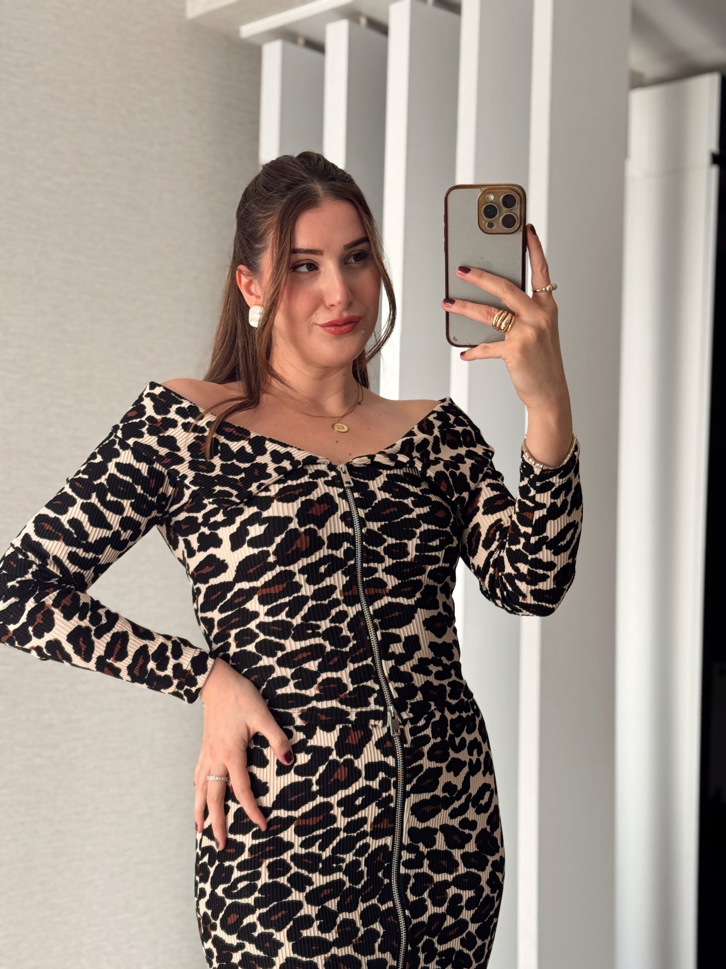 Leopar Desenli Fermuarlı Bluz KAHVE