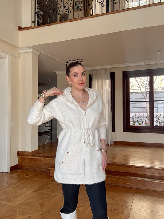 Fermuarlı kapşonlu sakal kumaş hırka-EKRU