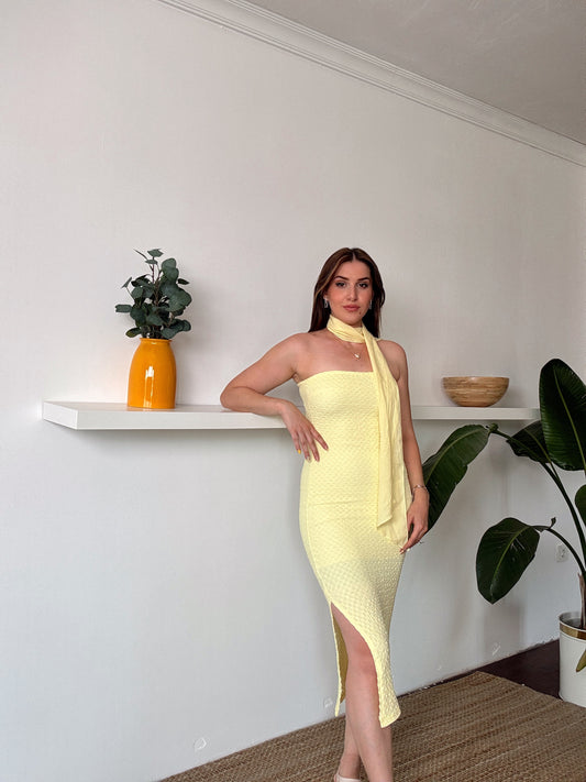 BEYDA straplez yırtmaçlı astarlı elbise SARI