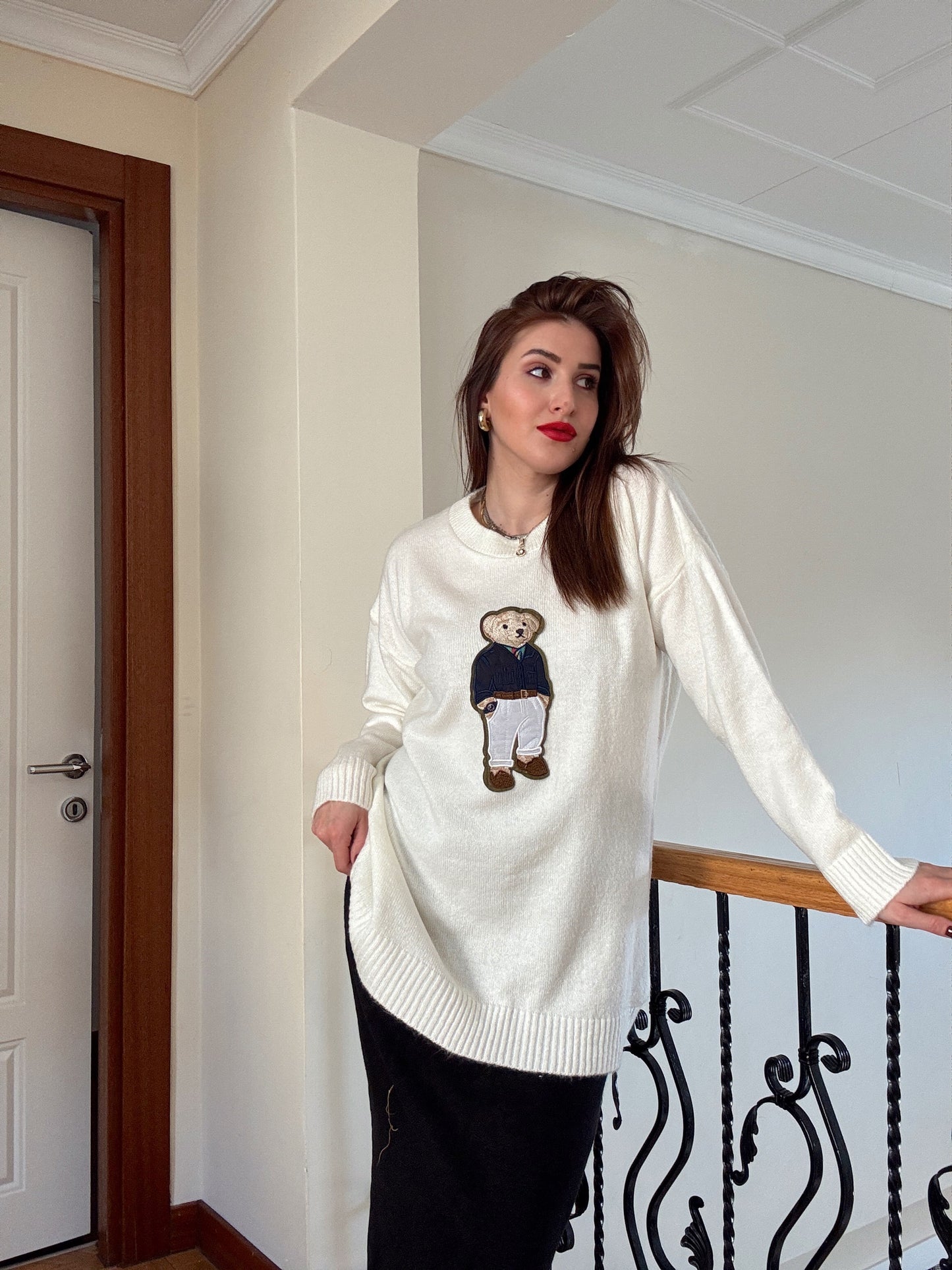 Ayıcık İşleme Yumoş Triko Kazak - EKRU-LACİVERT