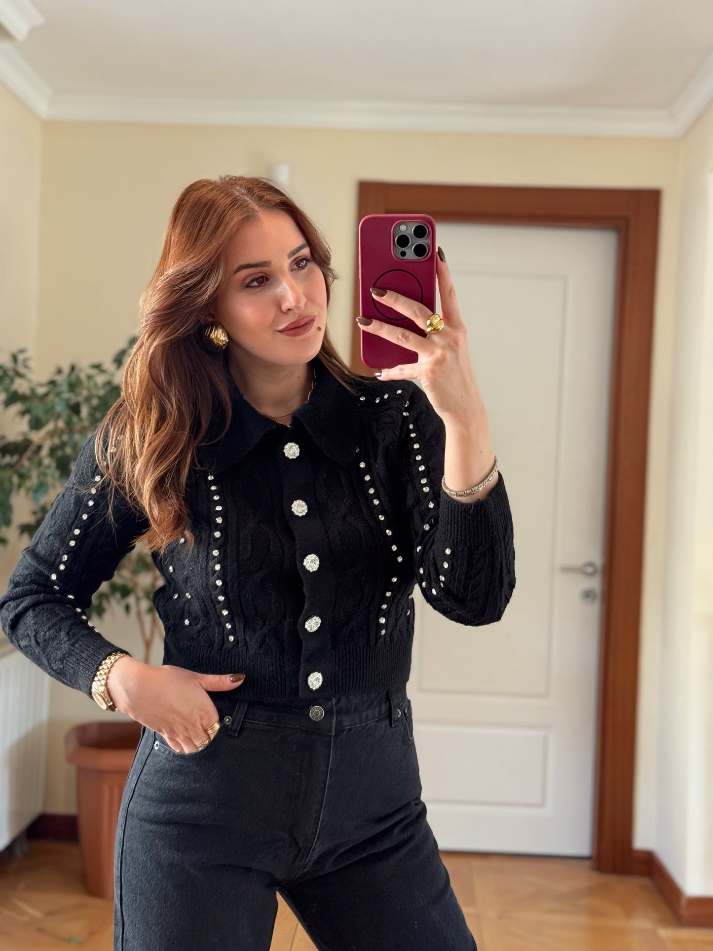 Örgü taşlı ceket-SİYAH