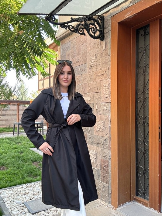 Kuşaklı UZUN ASTARSIZ Trenchcoat - SİYAH
