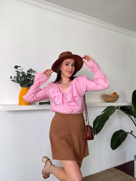 Yüksek bel şort etek Camel
