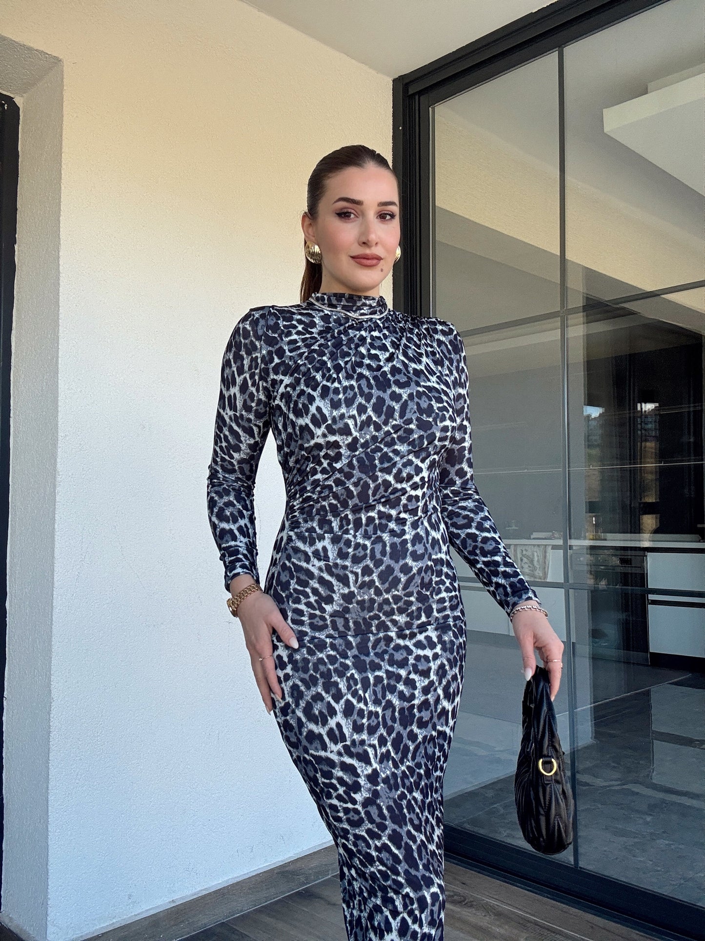 Sandy kumaş drape detaylı leopar elbise-SİYAH
