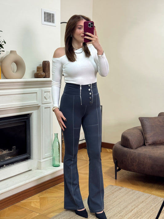 İspanyol paça çift fermuarlı tayt-FÜME