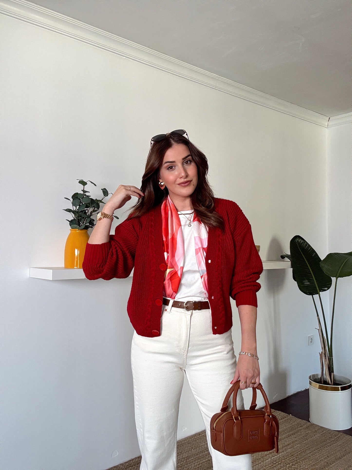 3 Düğme Saç örgü hırka Kırmızı