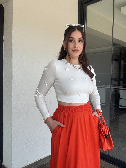 Fiyonklu Crop Bluz EKRU