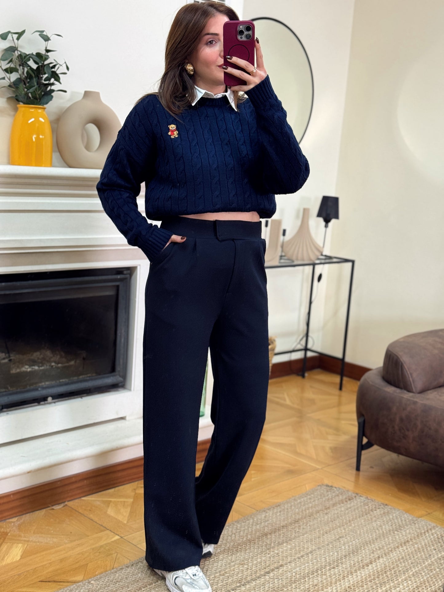 Krep kumaş cırtlı pantolon-LACİVERT