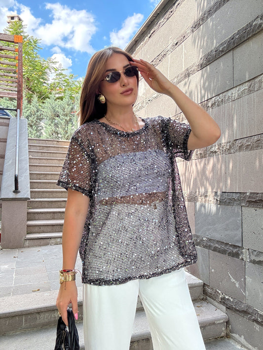 Premium pullu kumaş bluz Siyah