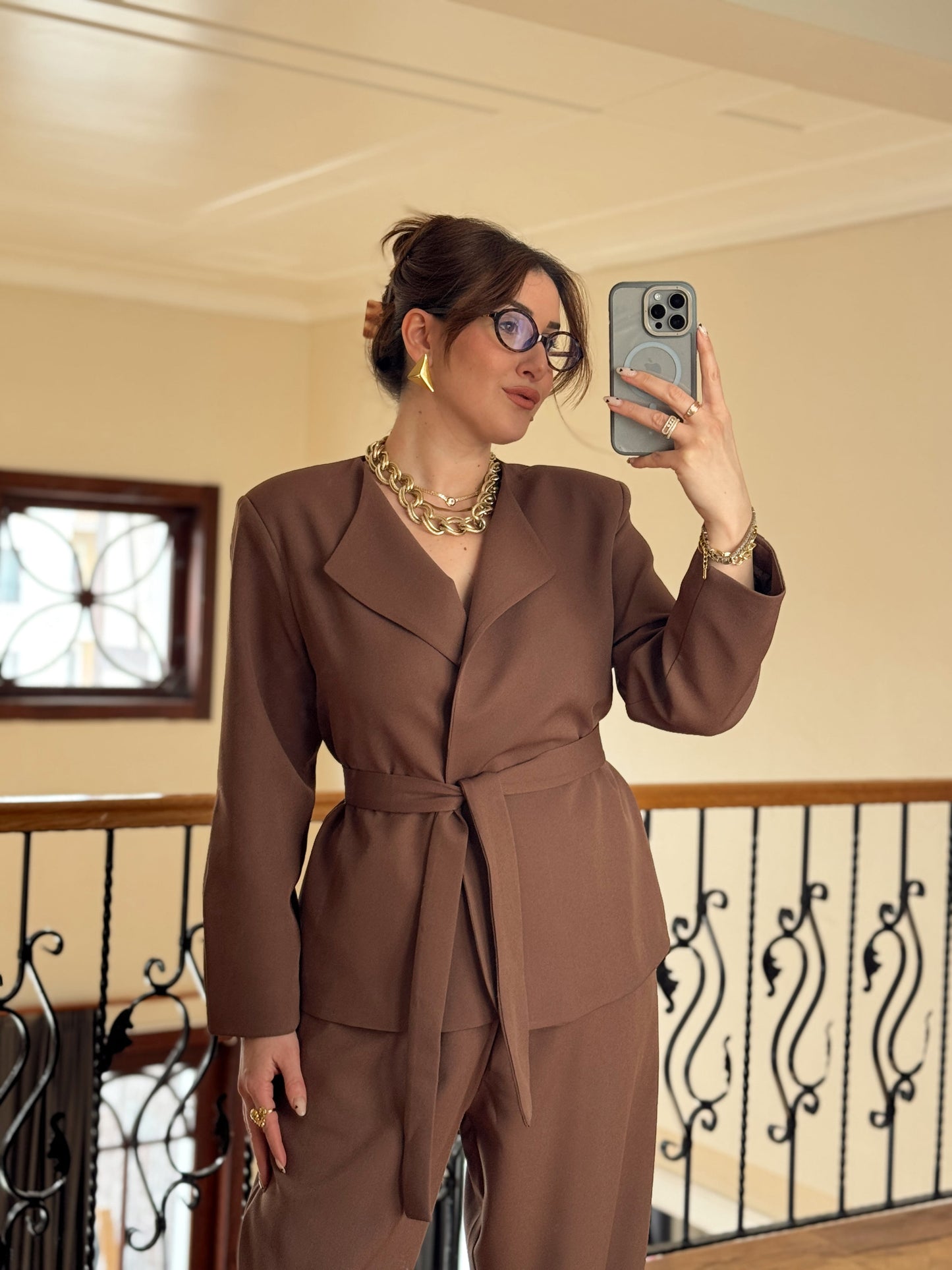 Ceket Kuşaklı Şalvar Takım-KAHVERENGİ