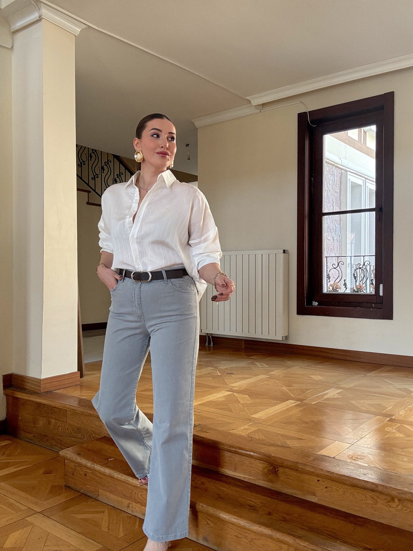 Kemerli bol paça palazzo pantolon GRİ