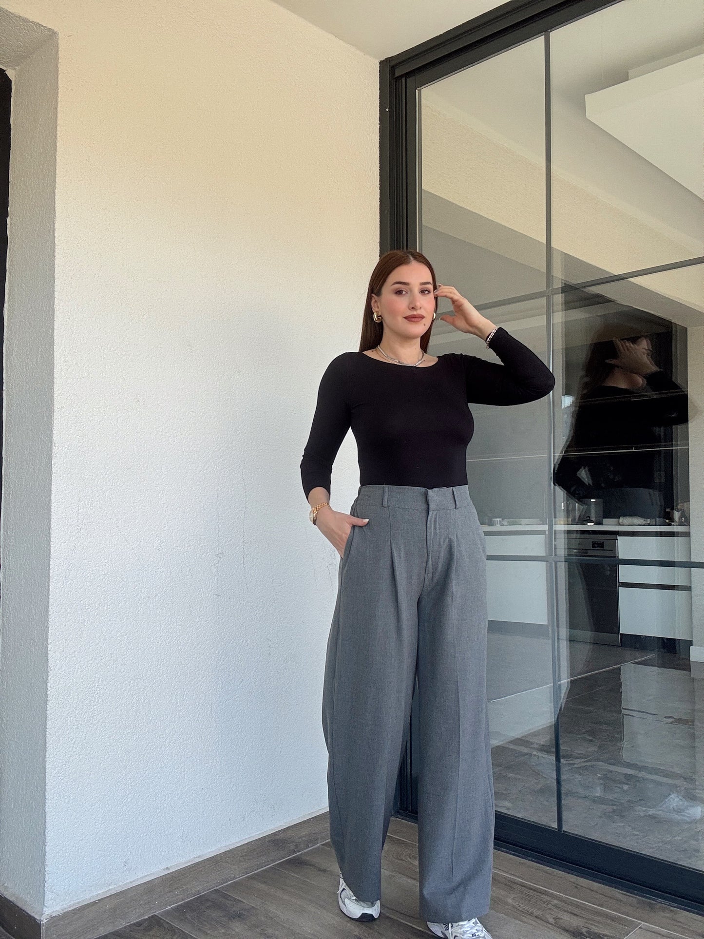 Çıtçıt detaylı palazzo pantolon-GRİ