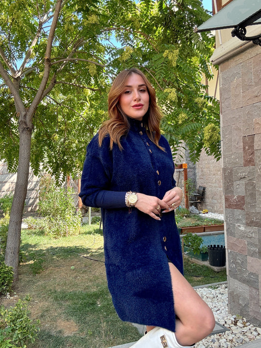 Sakal kumaş düğmeli premium hırka Lacivert