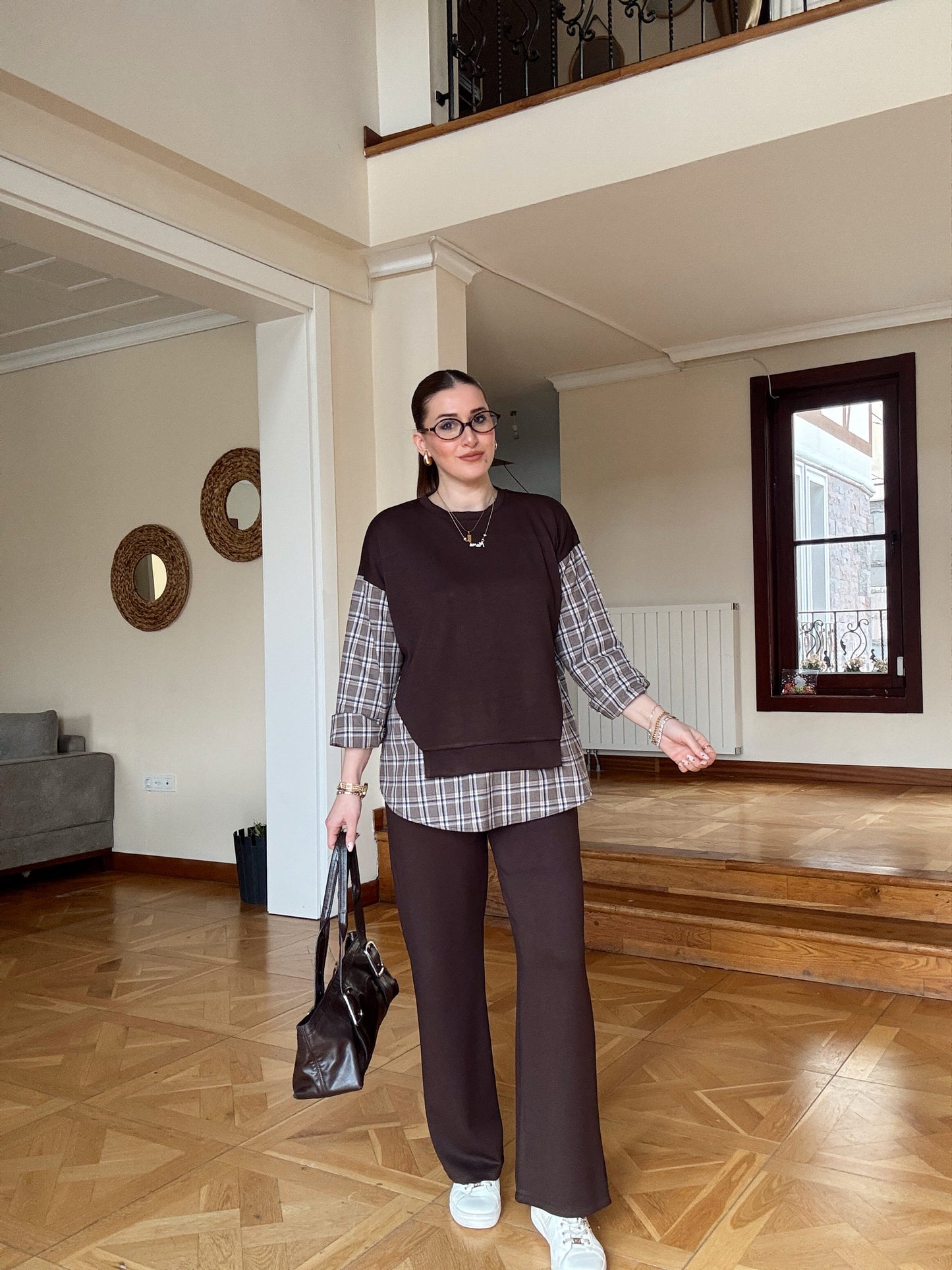 Ekose Desen Garnili Takım-KAHVERENGİ