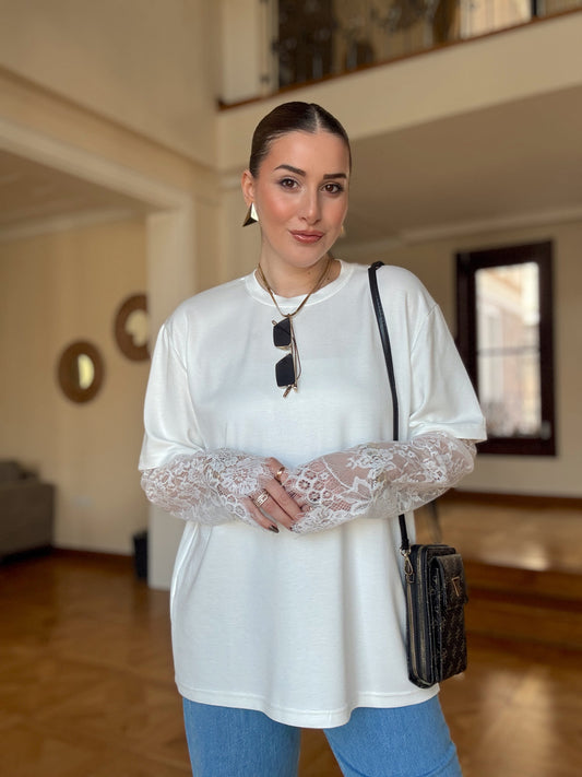 Kolları güpür detaylı basic tişört Beyaz