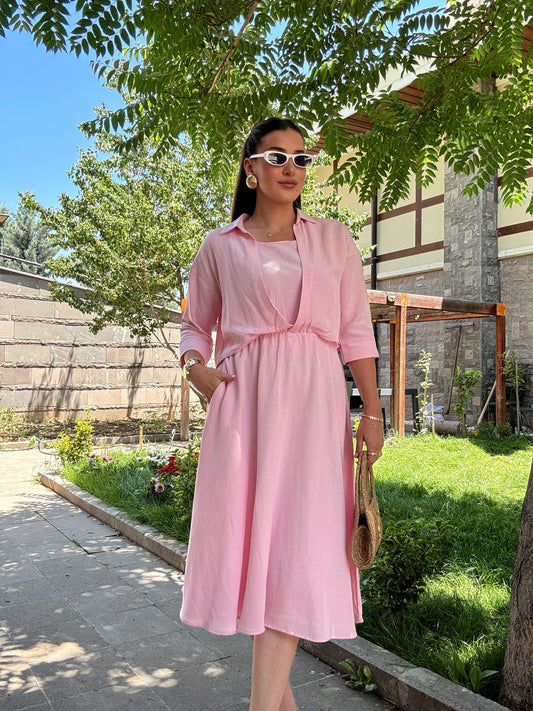 Gömlekli keten elbise Pembe