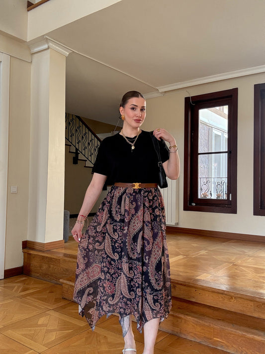 Asimetrik kesim vintage desenli şifon etek SİYAH