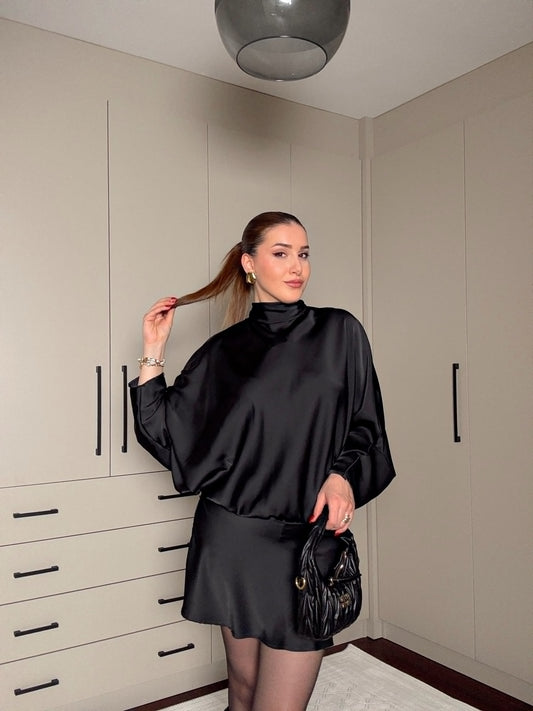 Boyun bağlamalı saten elbise-SİYAH