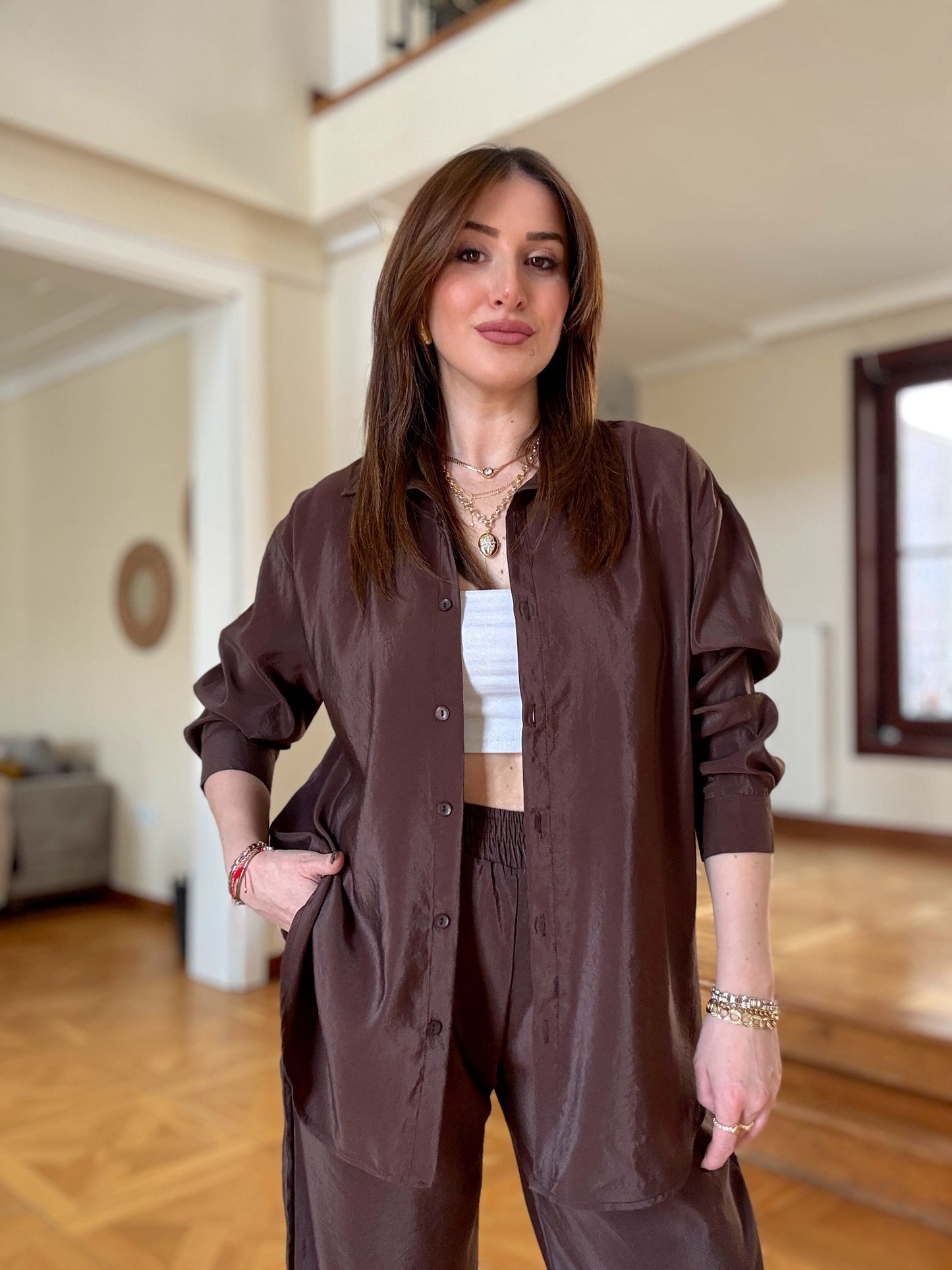 Parlak ikili takım kahverengi