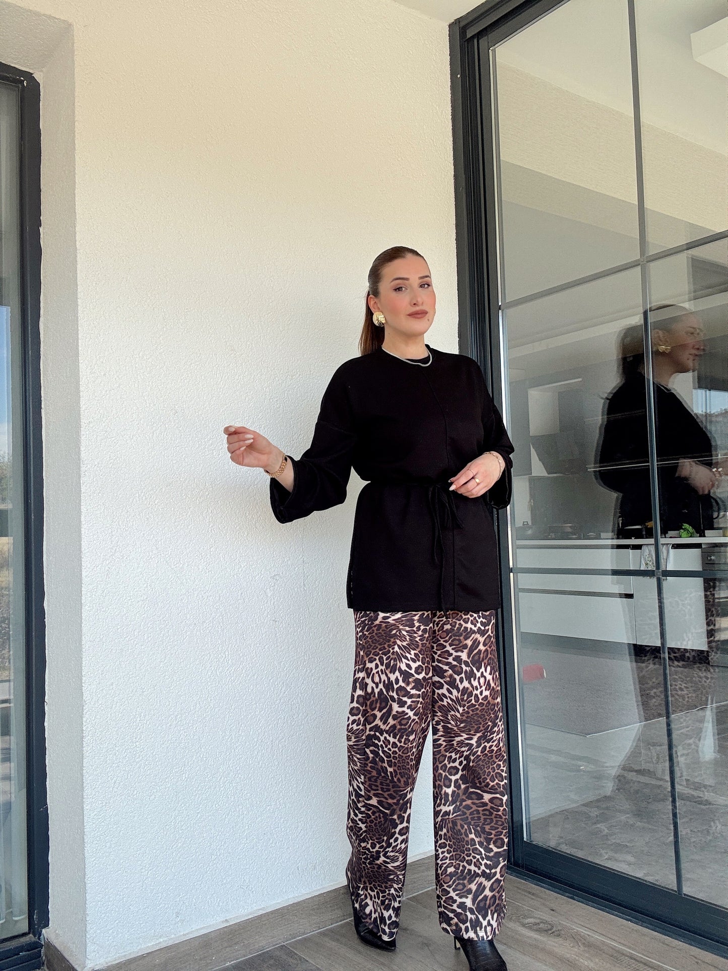 Digital Baskı Palazzo Pantolon - KAHVE LEOPAR