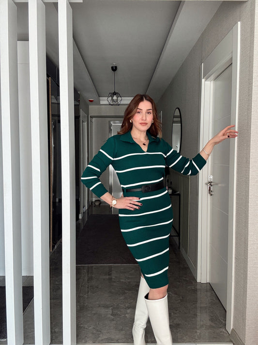 Polo Yaka Çizgili Kemerli Triko Elbise - ZÜMRÜT
