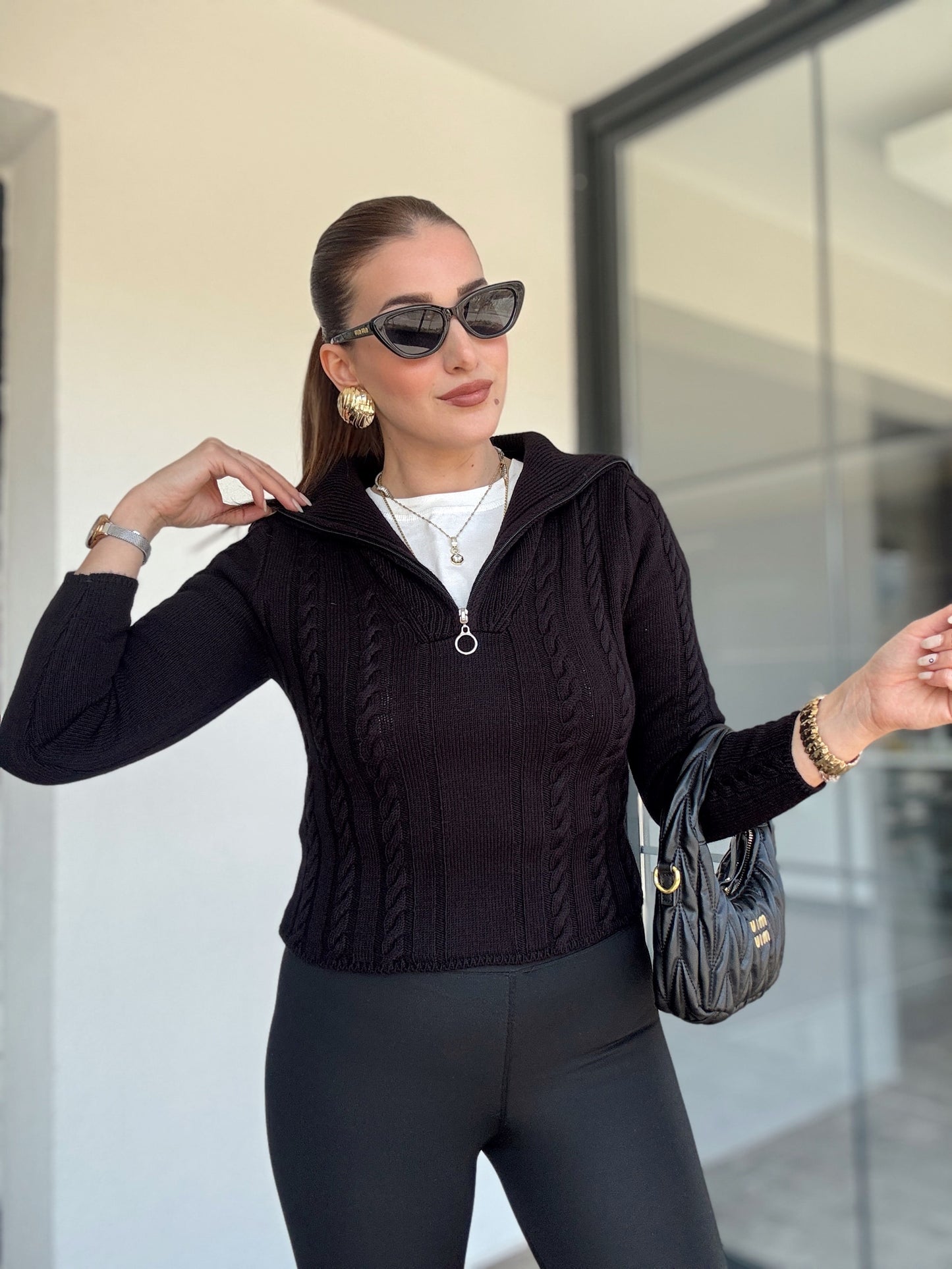 Saç Örgü Fermuarlı Spor Bluz - Siyah