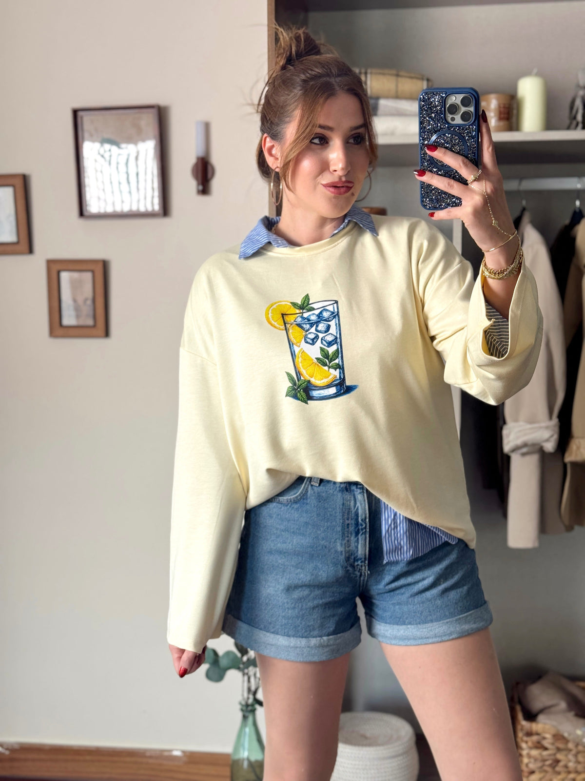 Limon buzlu bardak baskılı oversize modal sweat Sarı