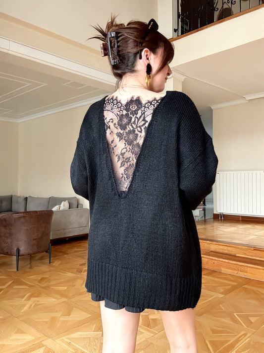 Arkası Dantelli Kazak-SİYAH