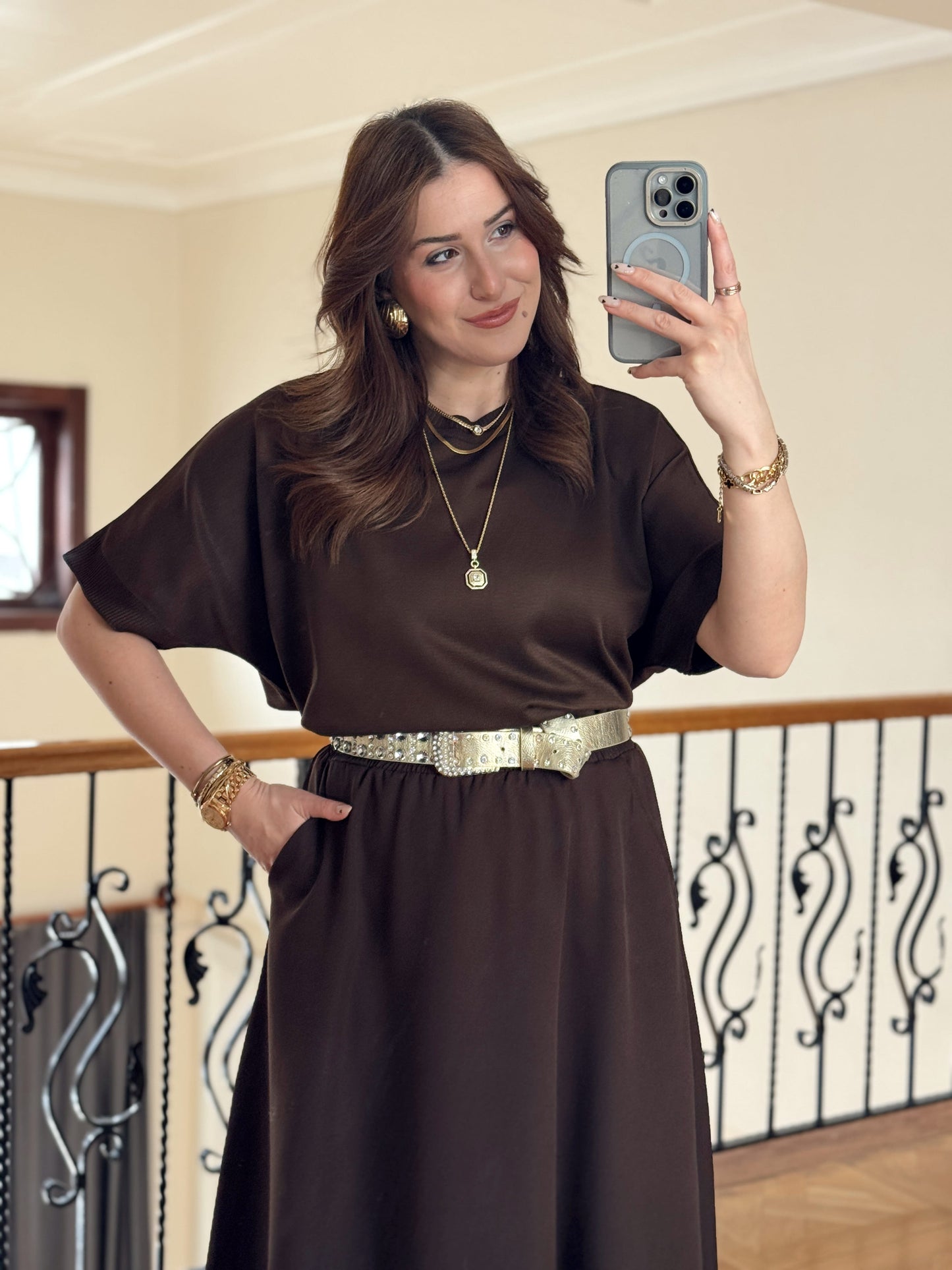 Kısa Kollu Oversize Triko Kazak-ACI KAHVE