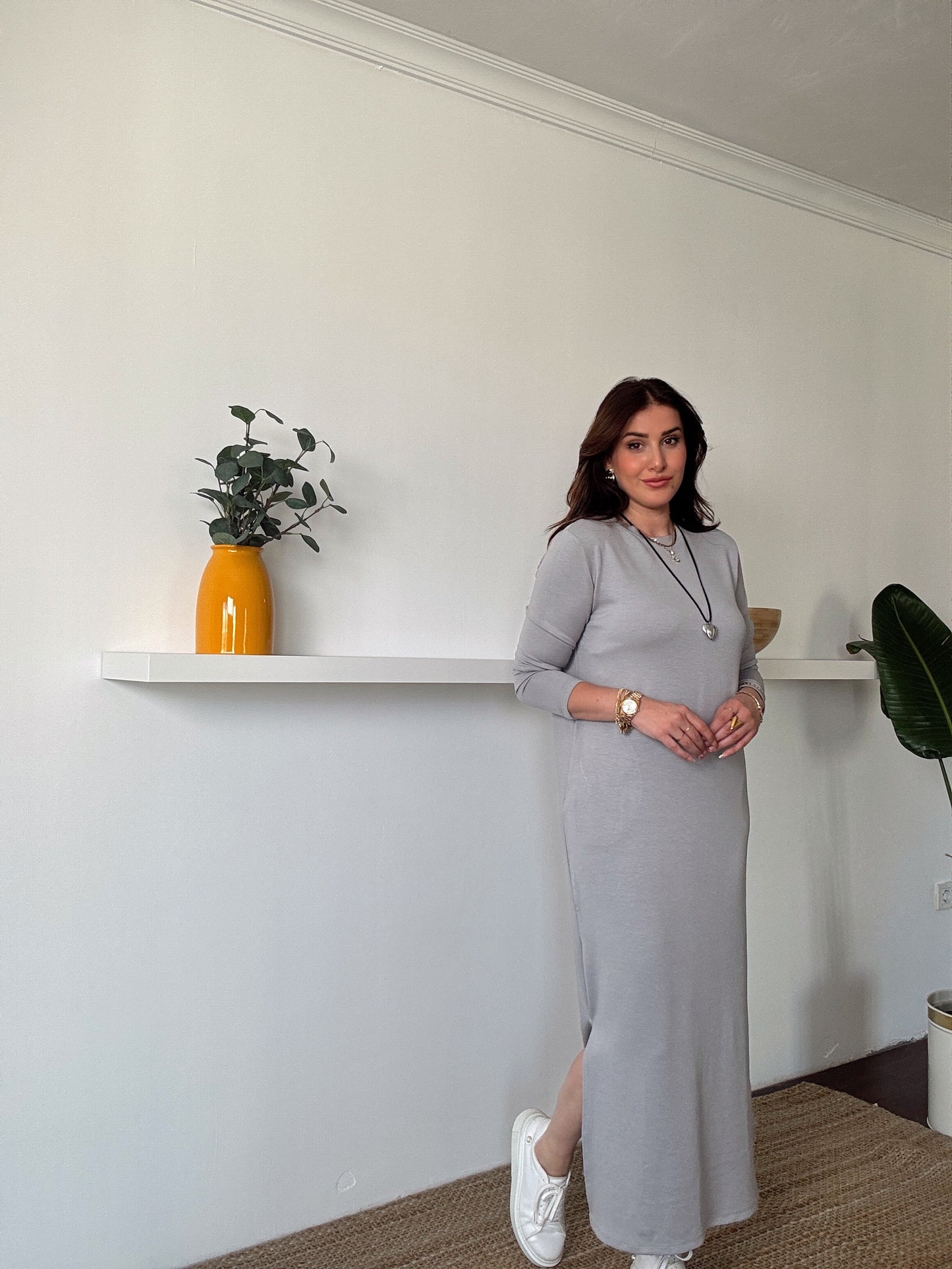 Uzun Kol Modal Elbise Gri