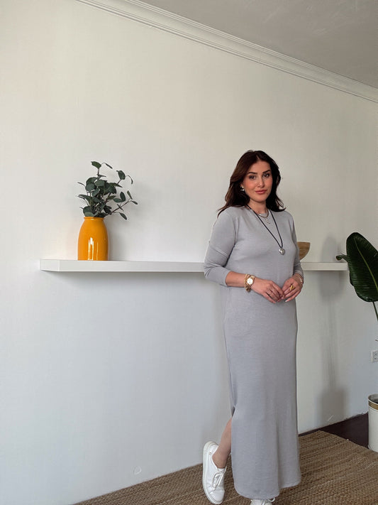 Uzun Kol Modal Elbise Gri