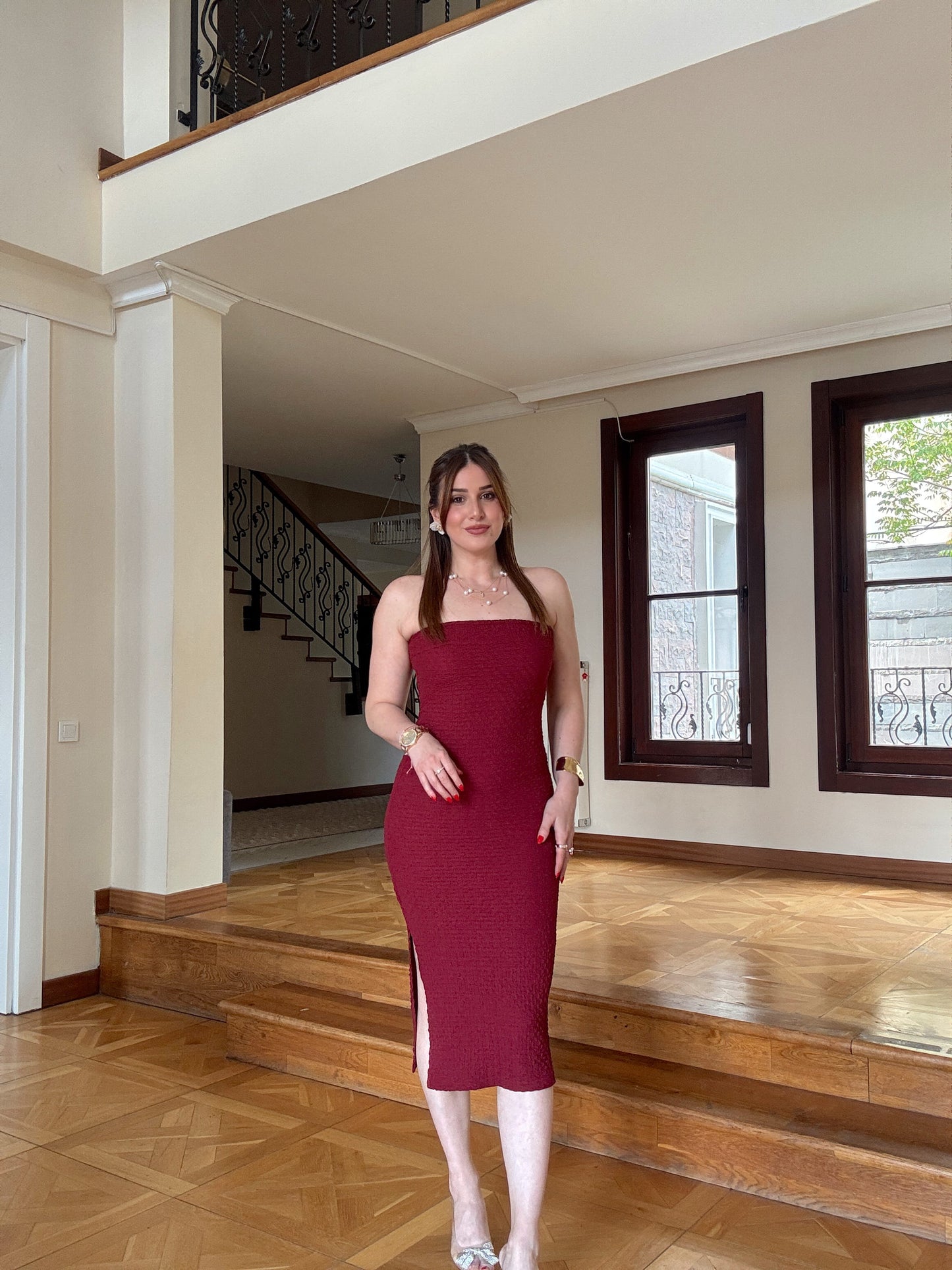 Straplez likralı astarlı elbise  BORDO