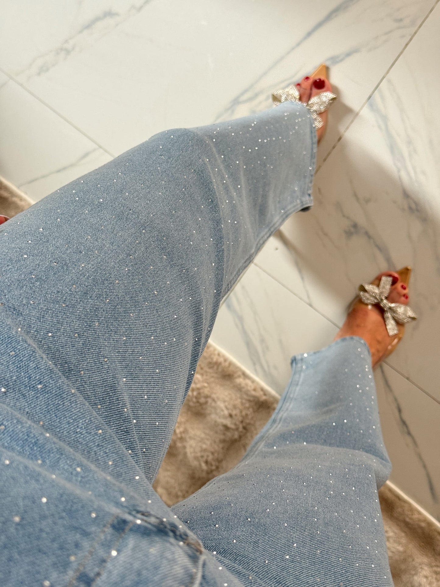 Taşlı likralı kot pantolon AÇIK MAVİ