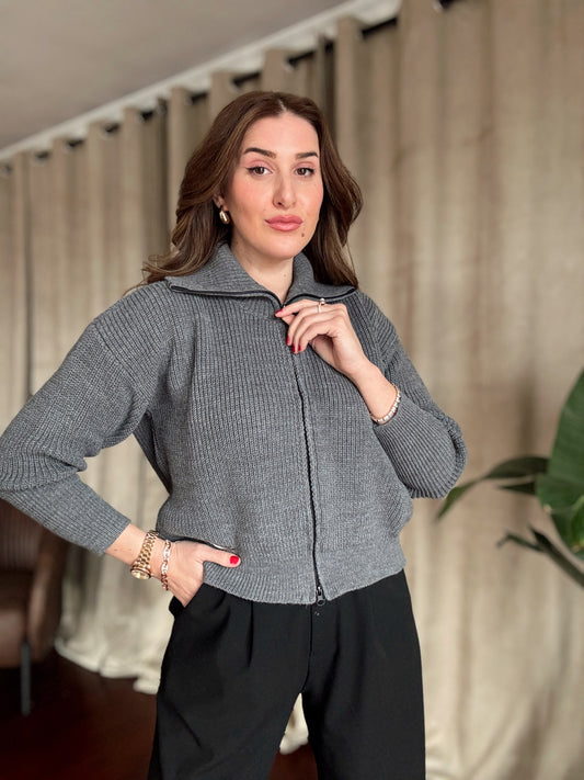Fermuarlı Örgü Ceket - FÜME