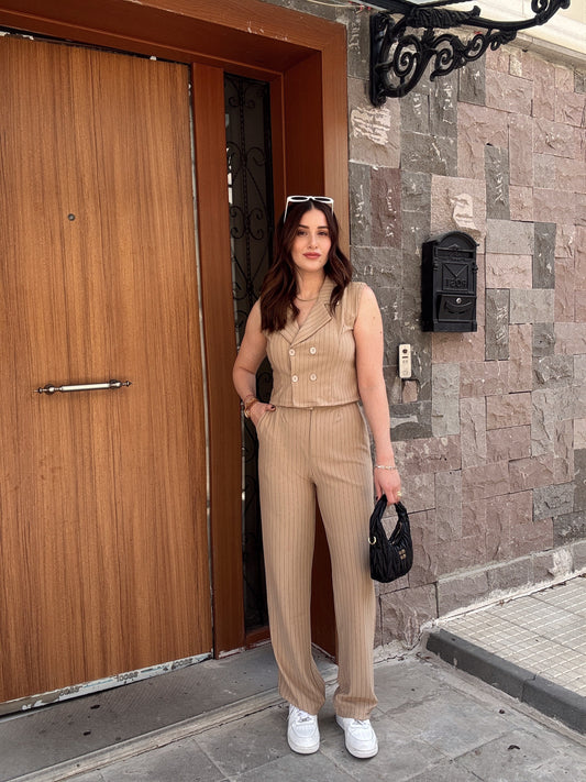 Çizgili Crep Ceket Yaka İkili Takım - BEJ