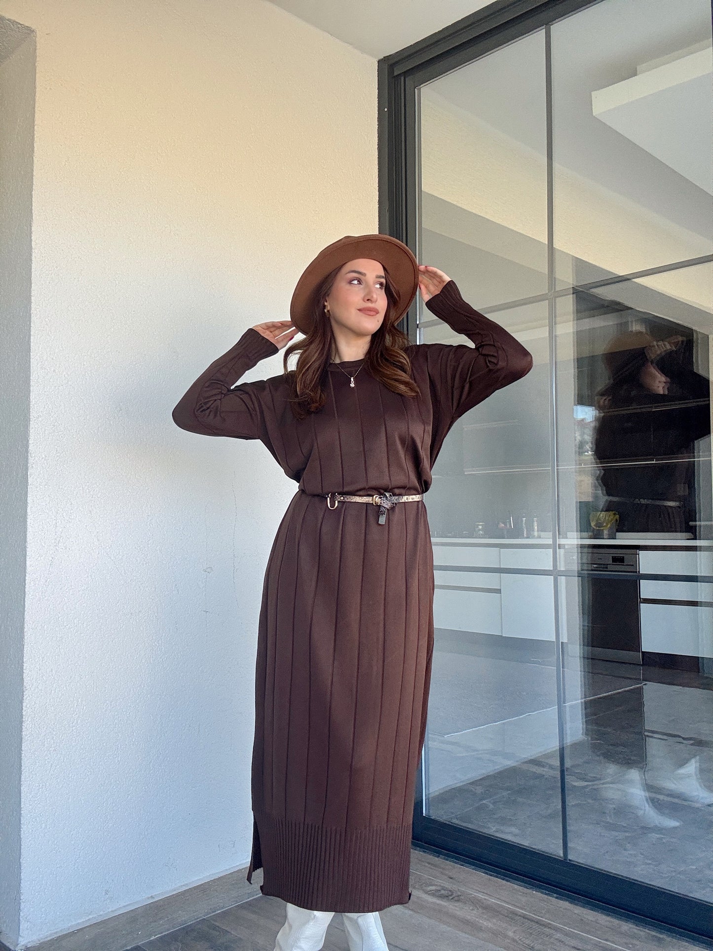 Şerit detaylı uzun triko elbise KAHVERENGİ