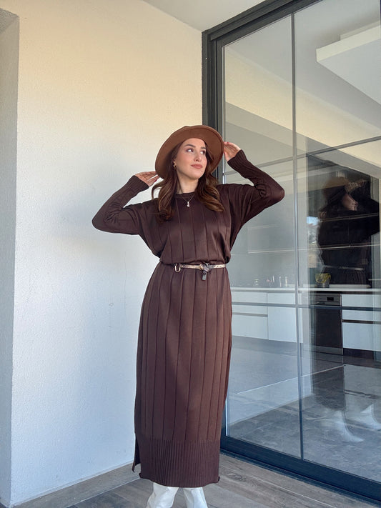 Şerit detaylı uzun triko elbise KAHVERENGİ