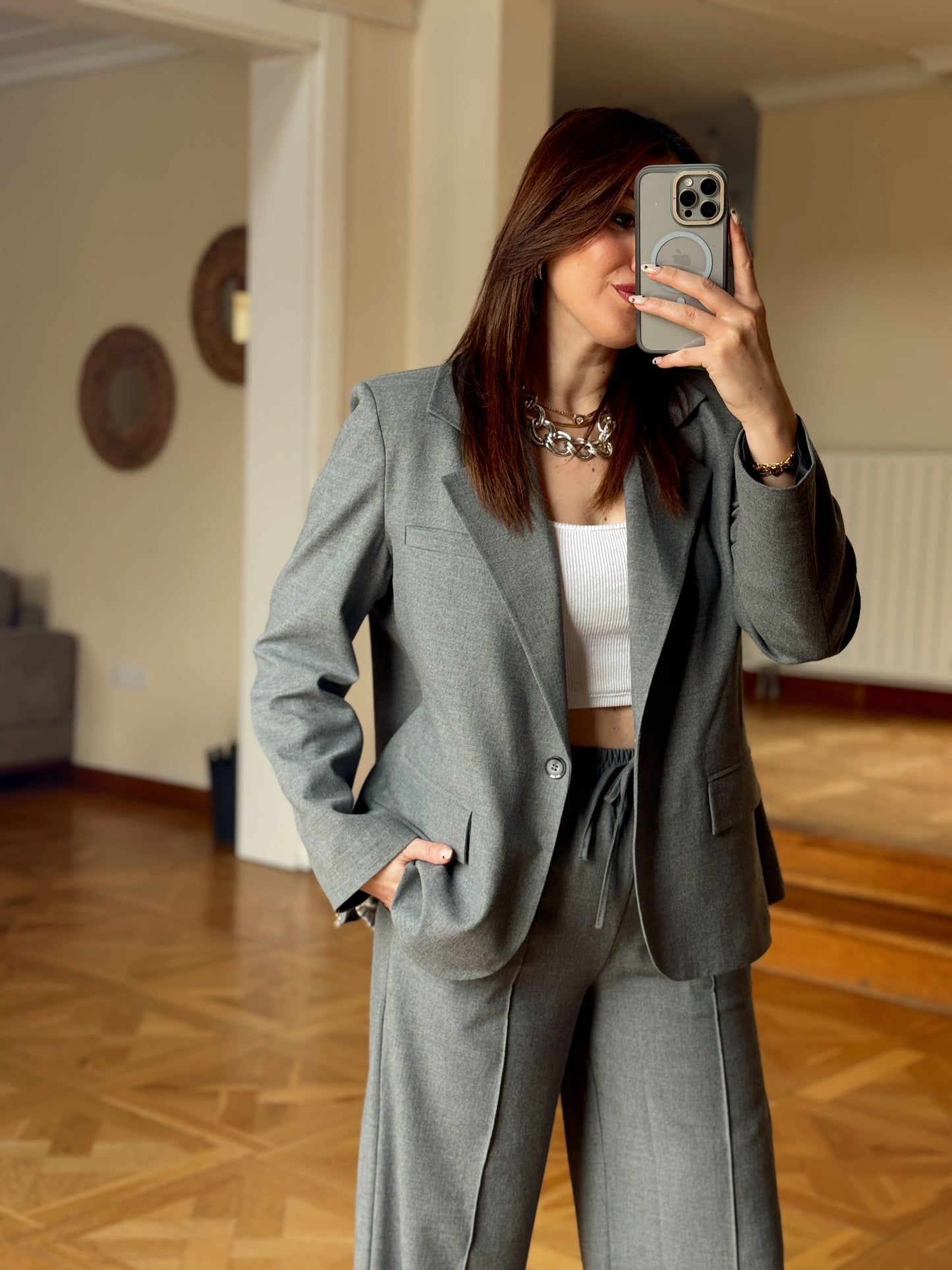 Arkası Düğme Detaylı Çizgili Takım-ANTRASİT