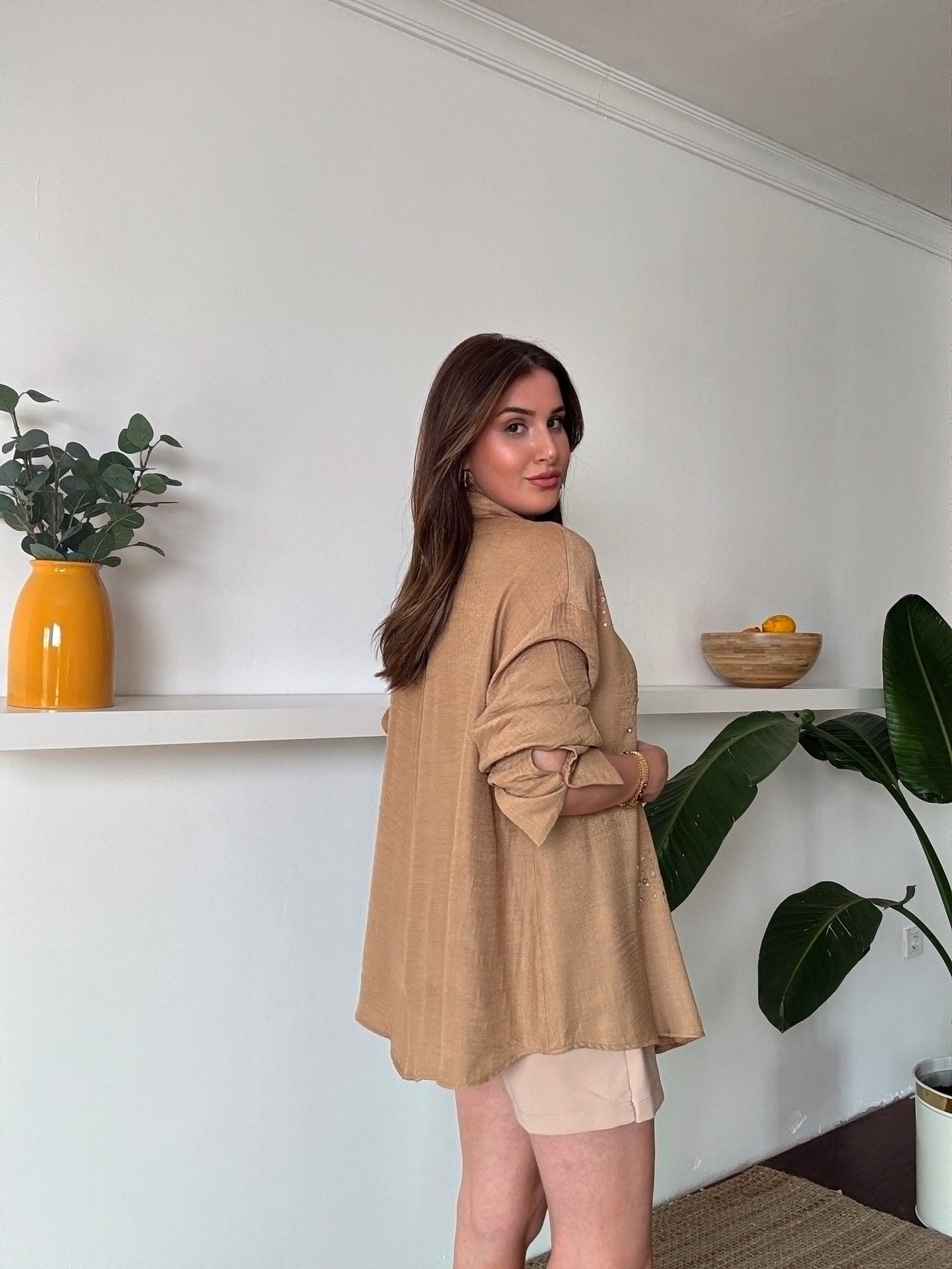 DİANA taş detaylı KETEN gömlek CAMEL