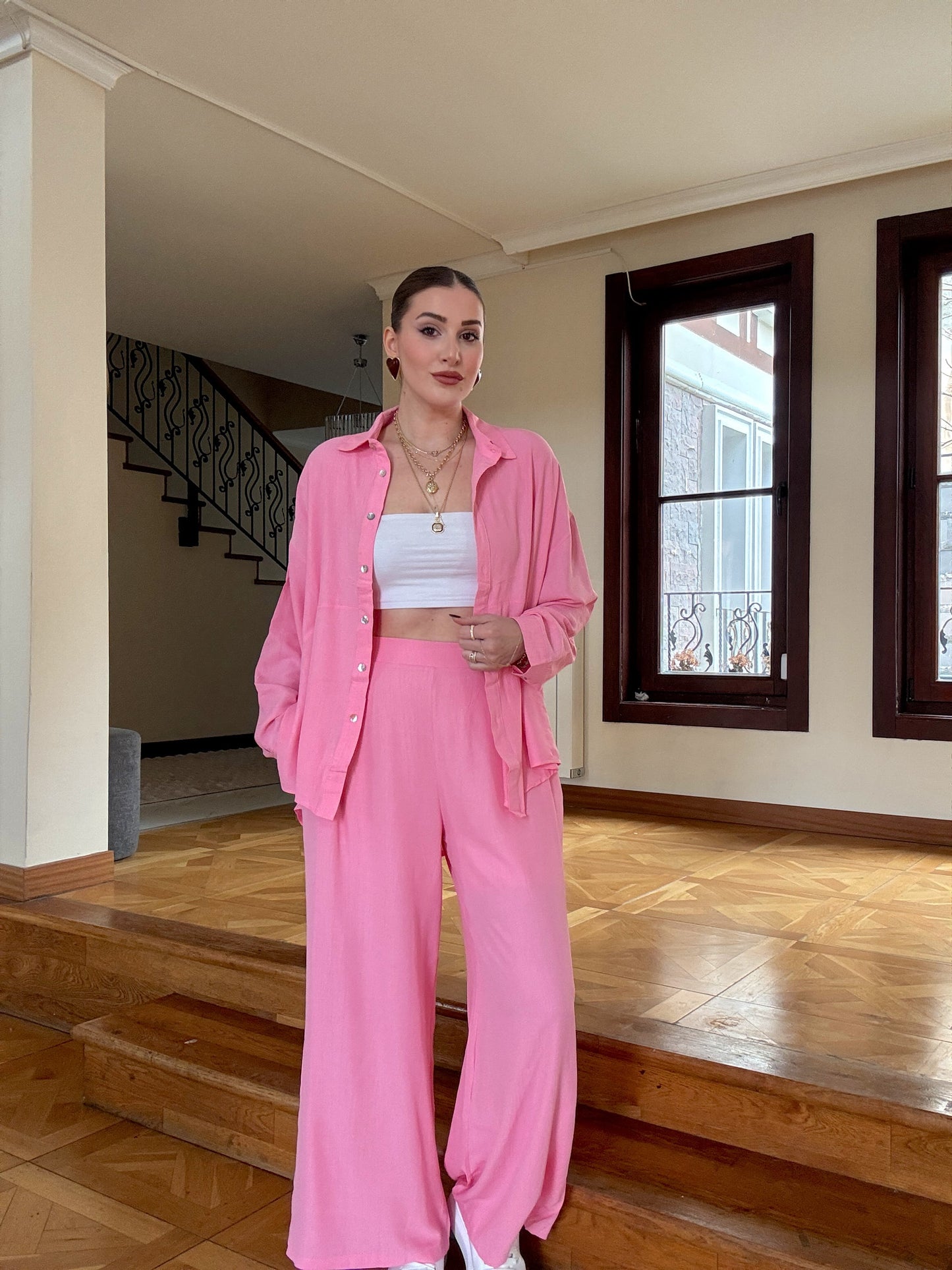 Gofre pantolonlu ikili takım Pembe