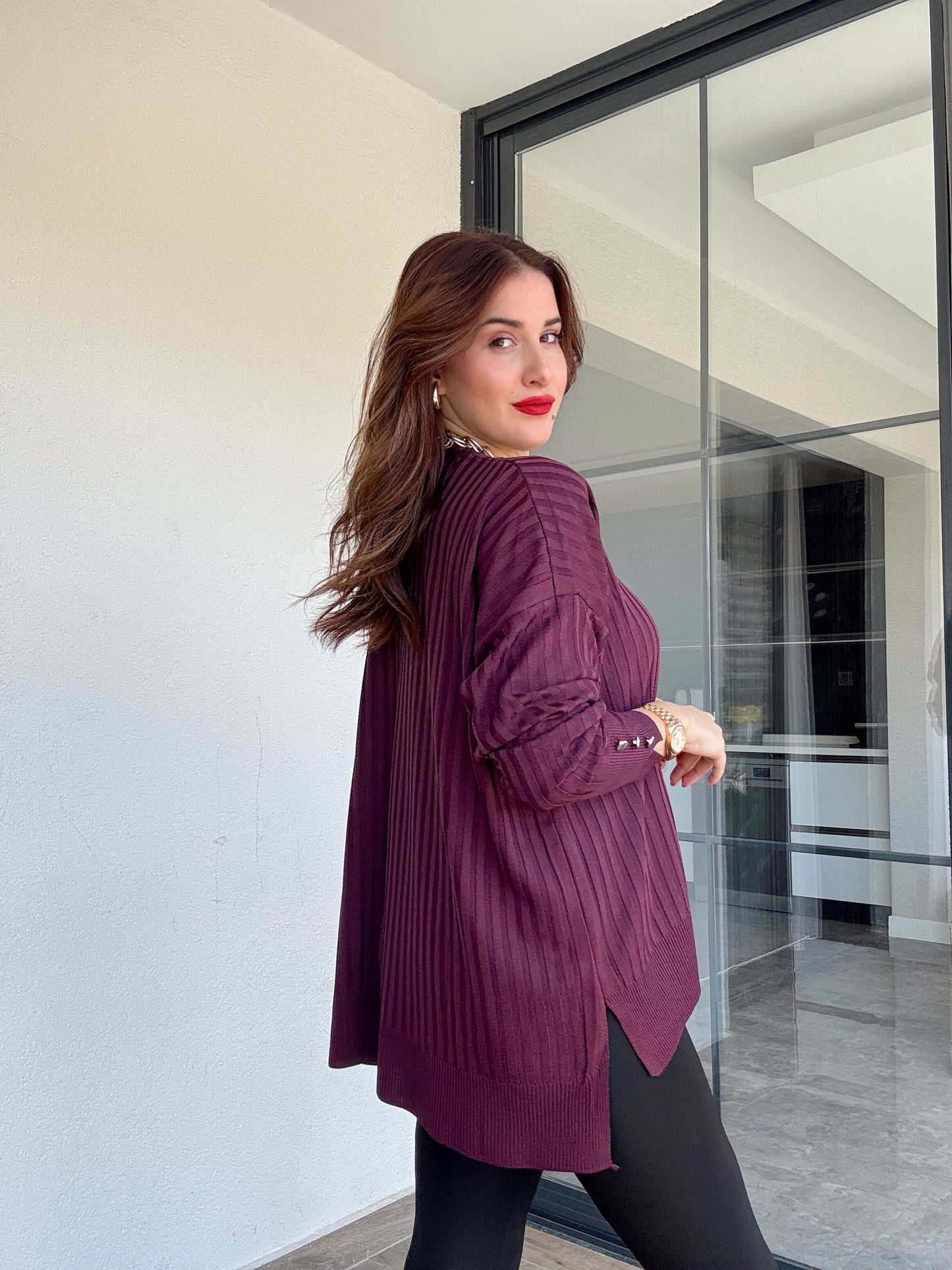 Oversize kesim kol düğmeli kazak MÜRDÜM